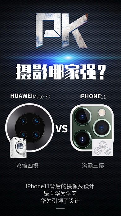 黑色大气华为苹果手机摄影PK海报