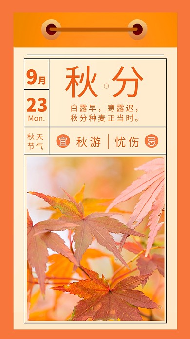 秋分红色枫叶日历黄色创意手机海报