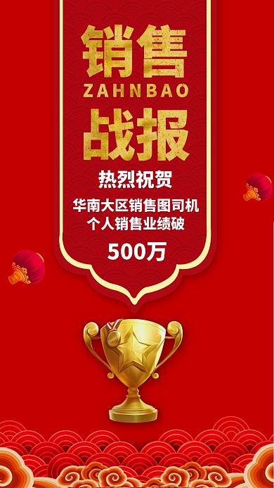 红色质感销售业绩战报喜报贺报手机海报