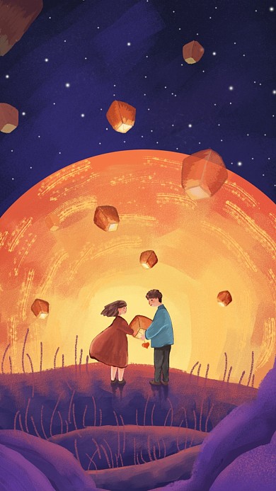 治愈夜空孔明灯七夕情侣许愿手绘手机壁纸海报