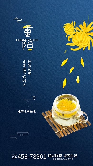 重阳节蓝色大气菊花手机海报