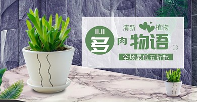 清新双十一多肉盆景促销电商海报
