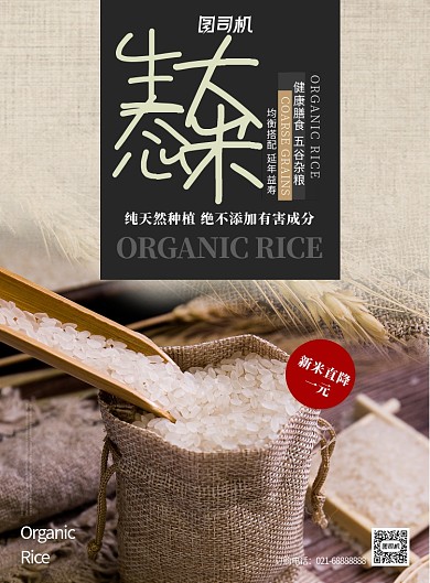 米色杂志餐饮美食风农产品生态大米印刷海报