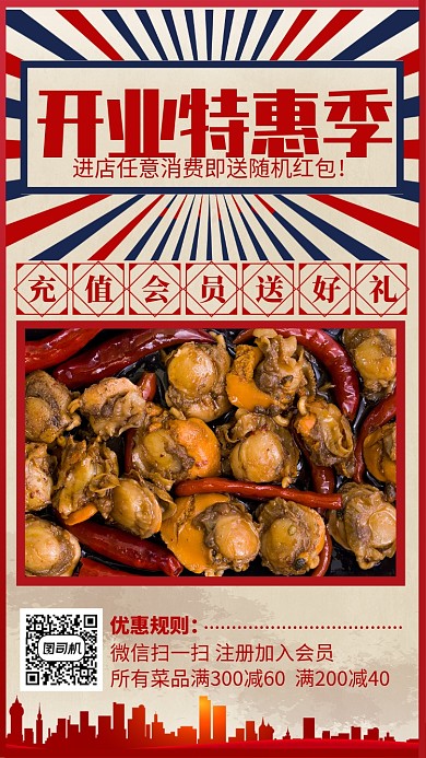 红色复古风美食开业促销宣传手机海报