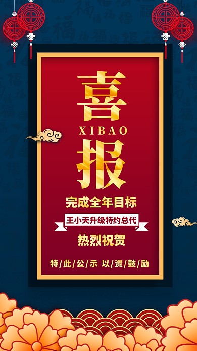 蓝色质感销售业绩战报喜报贺报手机海报