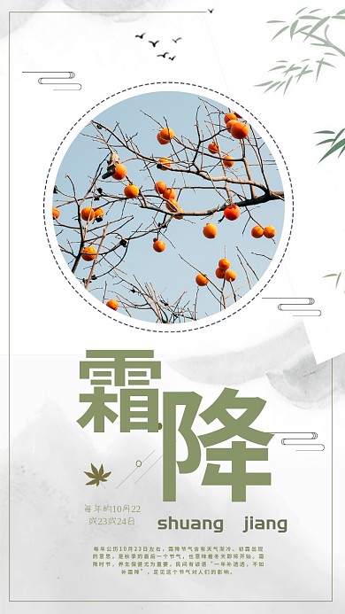 霜降传统节气水墨风宣传手机海报