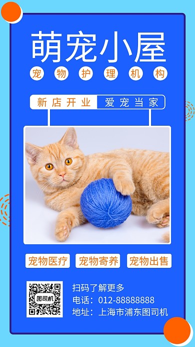 蓝色可爱萌宠小屋手机海报模板