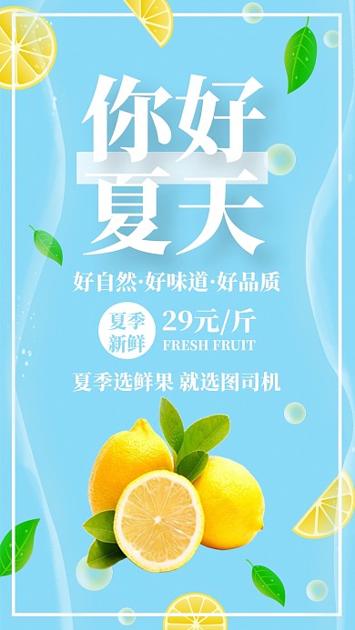 蓝色小清新水果果蔬夏季夏天促销手机海报
