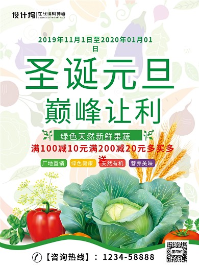 绿色简约圣诞元旦巅峰让利蔬菜促销海报