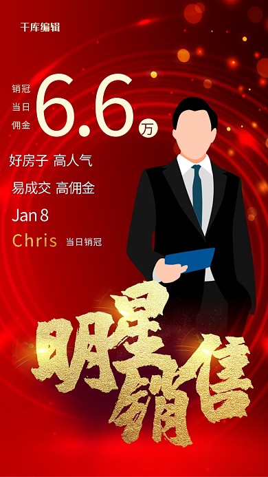 喜报明星销售红色简约海报