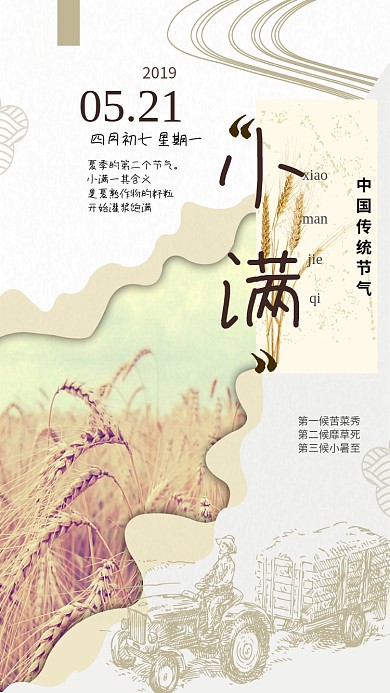 小满二十四节气麦子稻田金黄天空手机海报