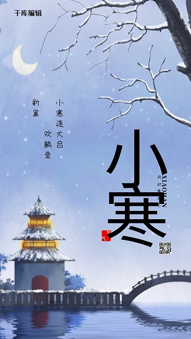 小寒节气黑色插画海报