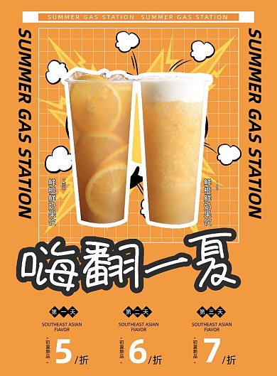 夏日果汁饮品时尚漫画复古印刷海报