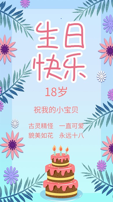 蓝色卡通生日贺卡手机海报