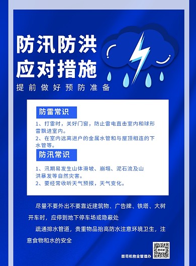 蓝色闪电防汛防洪应对措施印刷海报