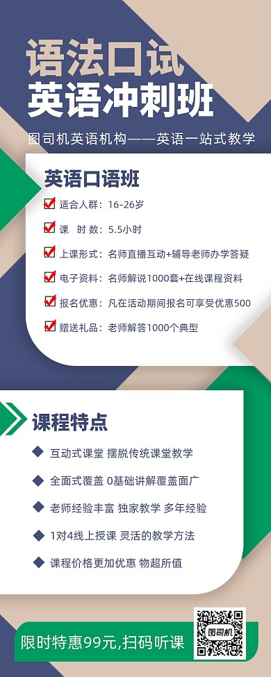 英语口语口试教育培训课程介绍长图