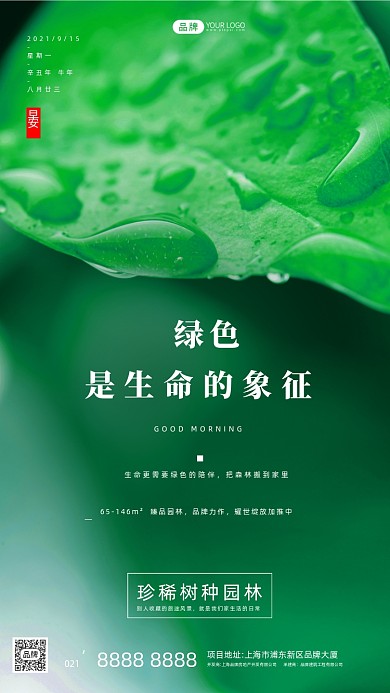 植物树叶水滴房地产绿色宣传摄影图海报