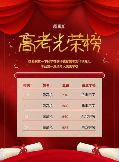 红色大气简约高考光荣榜宣传海报