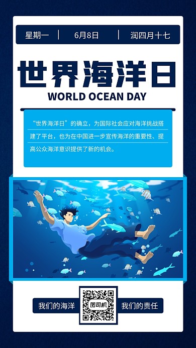 世界海洋日公益宣传手机海报