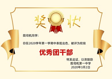 简约大气优秀团干部奖状