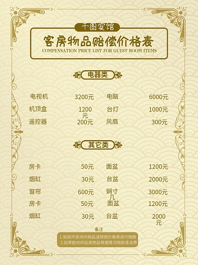 宾馆价格表