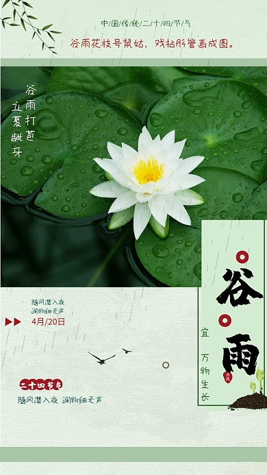 节气谷雨中国春天春暖花开池塘荷花手机海报