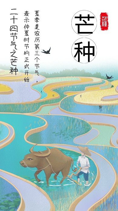 灰色传统插画芒种时节手机海报