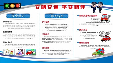 文明交通平安相伴蓝色安全常识漫画安全展板