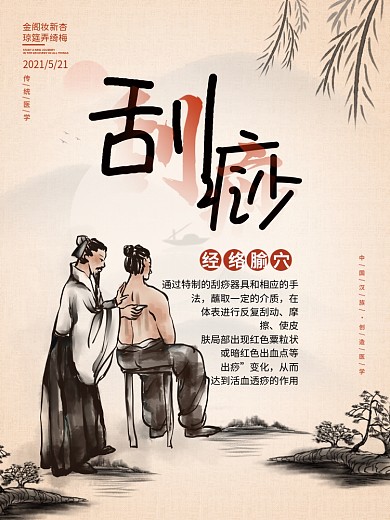 中医刮痧理疗海报水墨养生医疗元素背景素材
