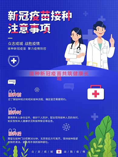 新冠疫苗注意事项蓝色公益简约海报病毒展板