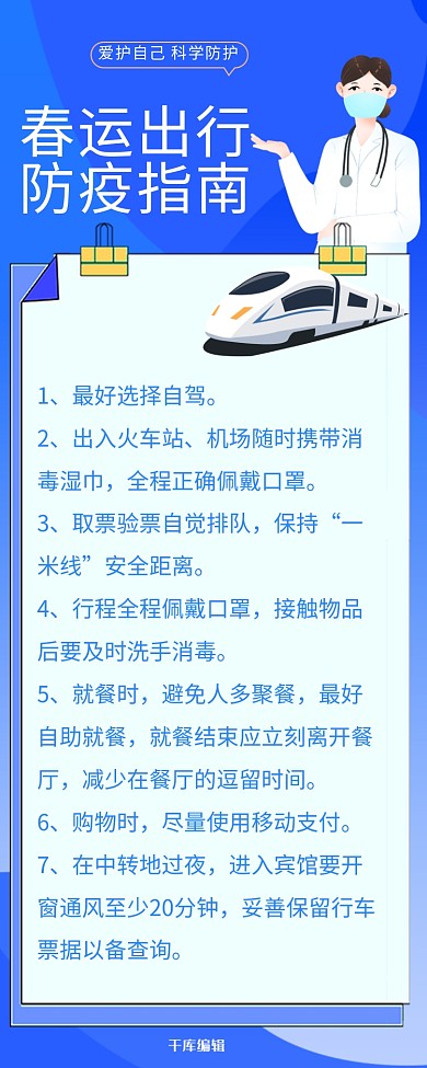疫情防护春运出行防疫指南蓝色简约卡通营销长图