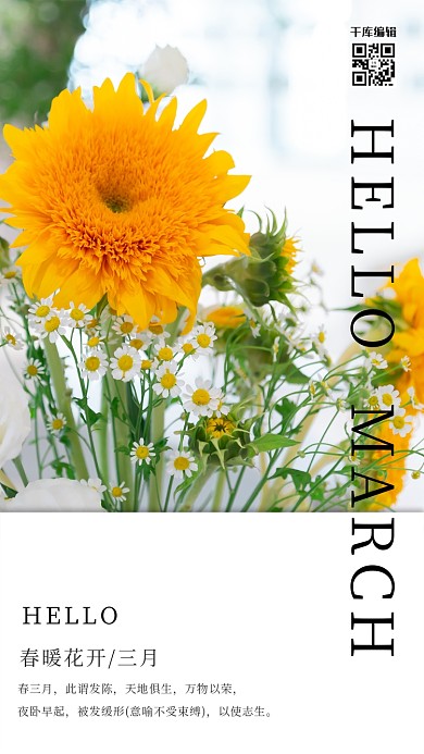你好三月 花白色简约海报