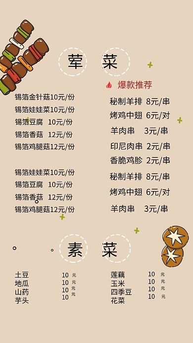 烧烤简洁菜单价目表
