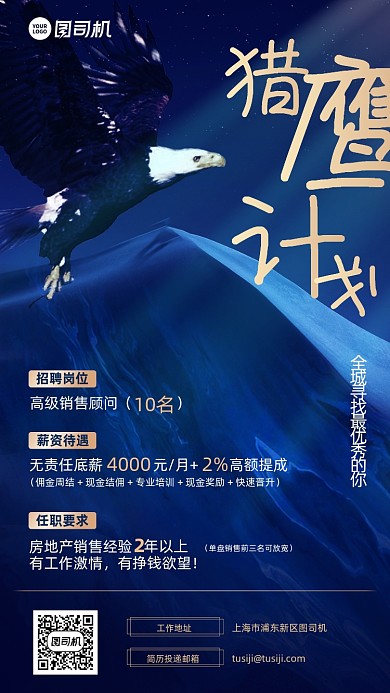 猎鹰计划蓝金色招聘简约大气手机海报