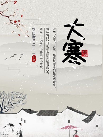 大寒节气中国节气美女古风简约大气海报