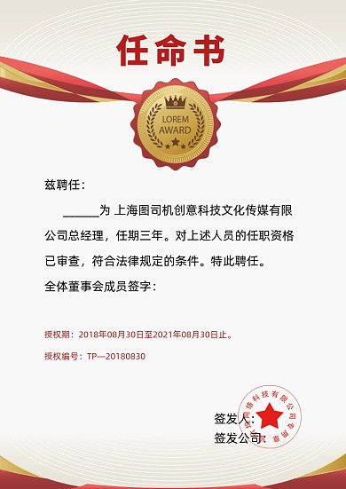 企业简洁风大气任命书证书