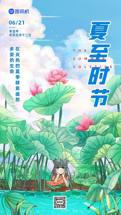 夏至节气祝福插画手机海报