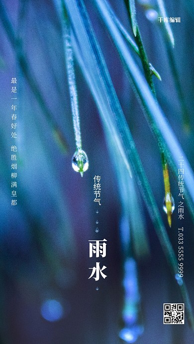 雨水水滴树叶蓝色写实海报
