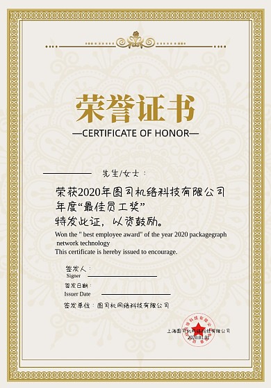 简约企业认证证书优秀奖证书