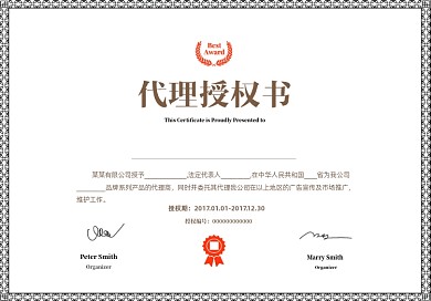 欧式简约大气花纹代理授权证书