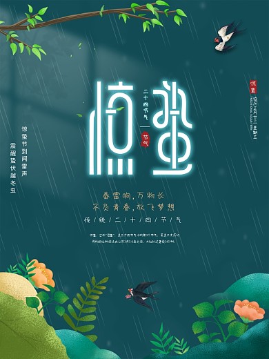 手绘插画风惊蛰海报