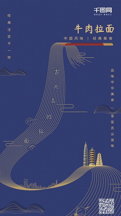 舌尖上的拉面蓝色线条面条简约手机用图