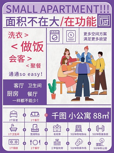 扁平地产2个卧室1个卫生间住宅价值点宣传海报