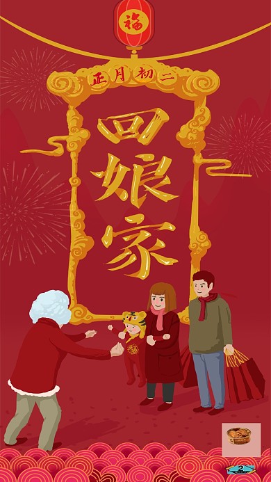 大年正月初二回娘家艺术字原创手绘插画壁纸