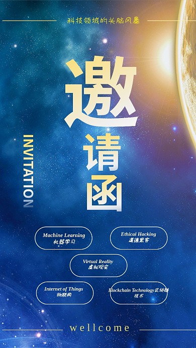 邀请函科技蓝色手机海报组图