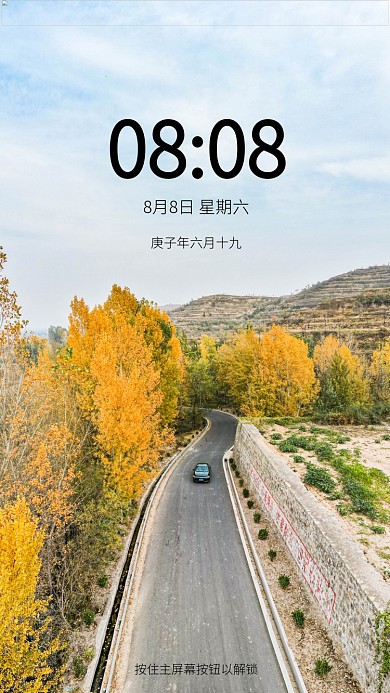 秋季公路两旁的黄色行道树