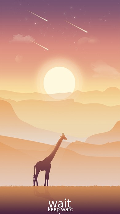 原创唯美渐变插画长颈鹿流星太阳和山