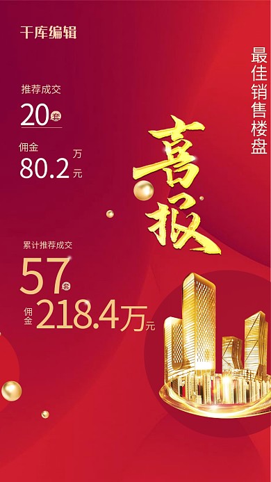 喜报捷报金色地产红色简约海报