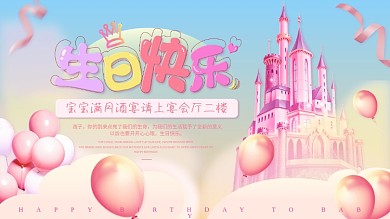 宝宝宴生日快乐立体字梦幻城堡背景展板设计