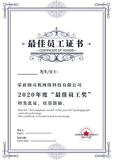 蓝色花边最佳员工奖荣誉证书